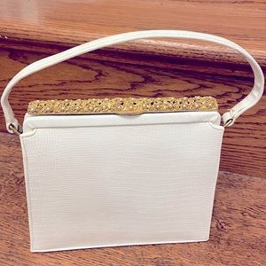 Vintage 1950s-60s Meyers Handbag with gold/pearl detail faux white reptile body